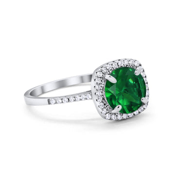 Halo Wedding Engagement Ring Round Simulated Green Emerald CZ 925 Sterling Silver
